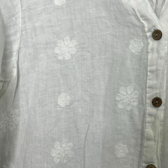 Rosemarine Top Womens Small White 100% Linen Embroidered Floral Roll Tab Sleeve - Picture 3 of 9